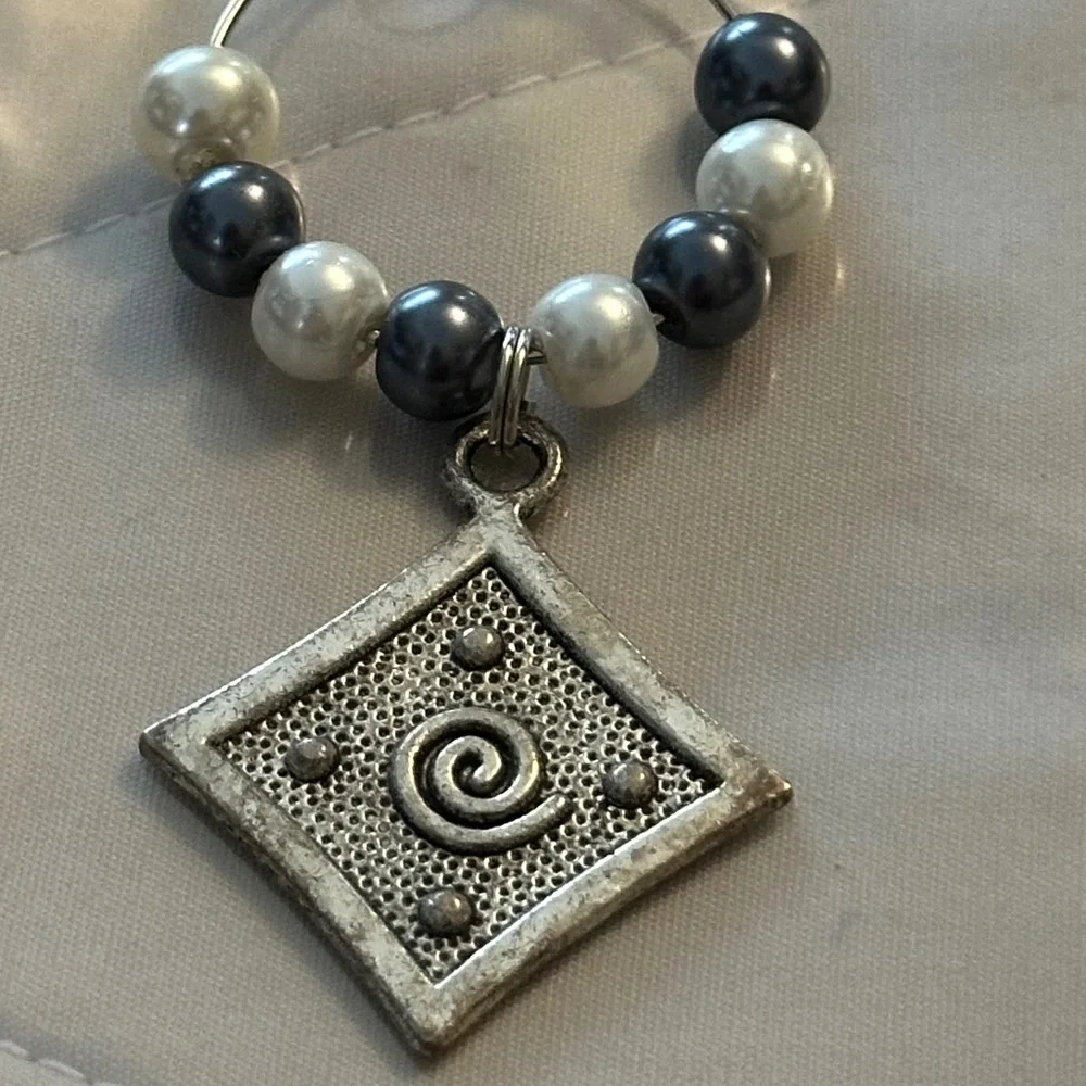 Wine glass tag stainless steel hoop Gray/white beads Swirl in square charm